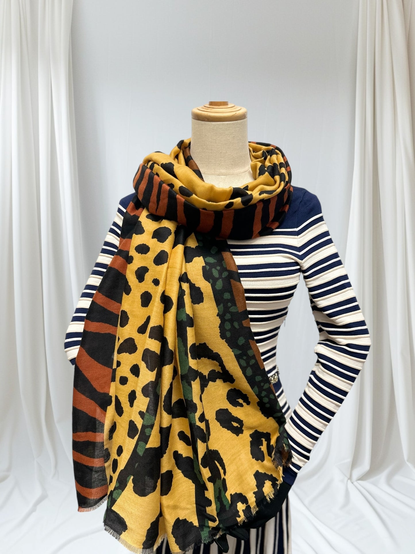 Leopard Print & Striped Bordered Scarf