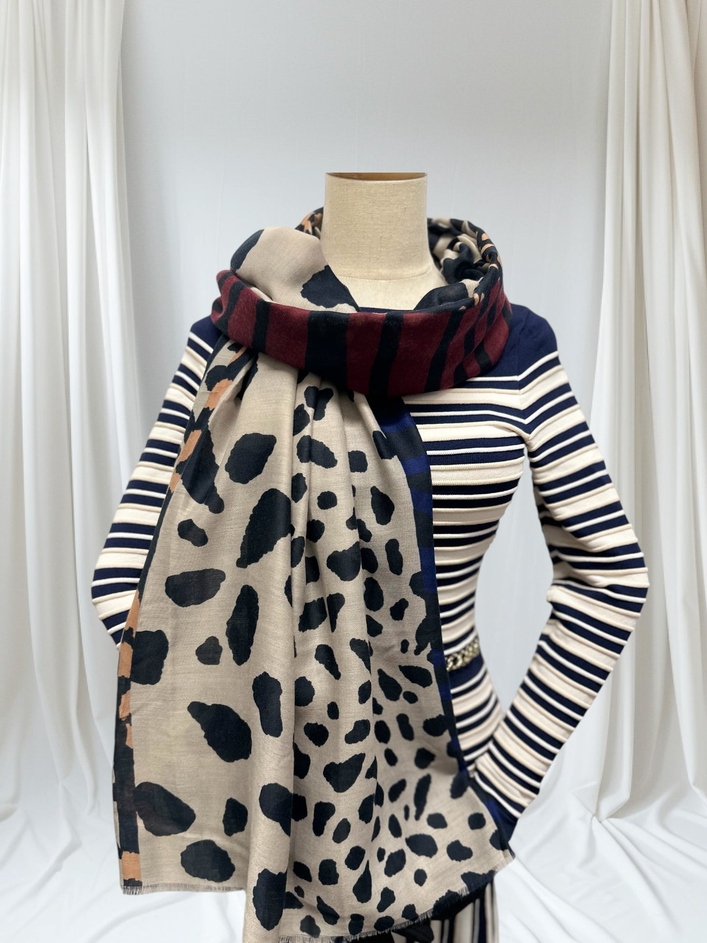 Leopard Print & Striped Bordered Scarf