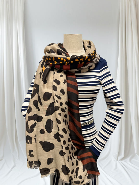 Leopard Print & Striped Bordered Scarf