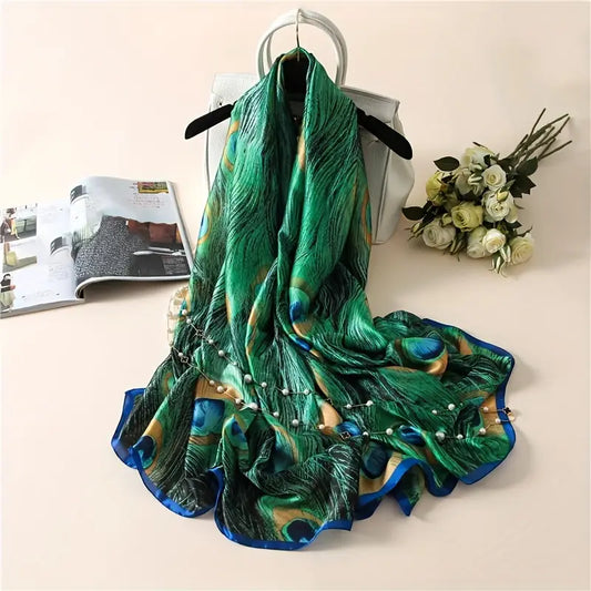 Green Peacock Feather Print Silk Scarf
