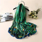 Green Peacock Feather Print Silk Scarf