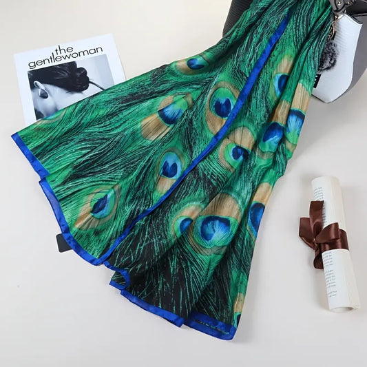 Green Peacock Feather Print Silk Scarf