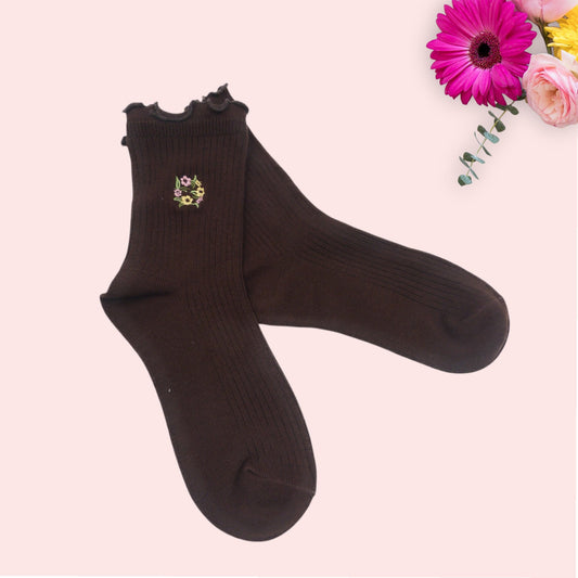 Embroidered Flower Plain Seamless Socks