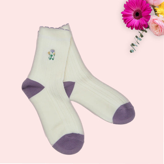 Tulip Embroidered Flower Plain Socks