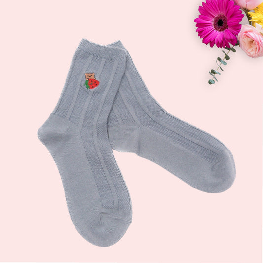 Baby Bear Embroidered Face and Strawberry Plain Seamless Socks