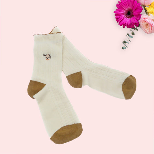 Puppy Embroidered Dog Face-Plain Seamless Socks