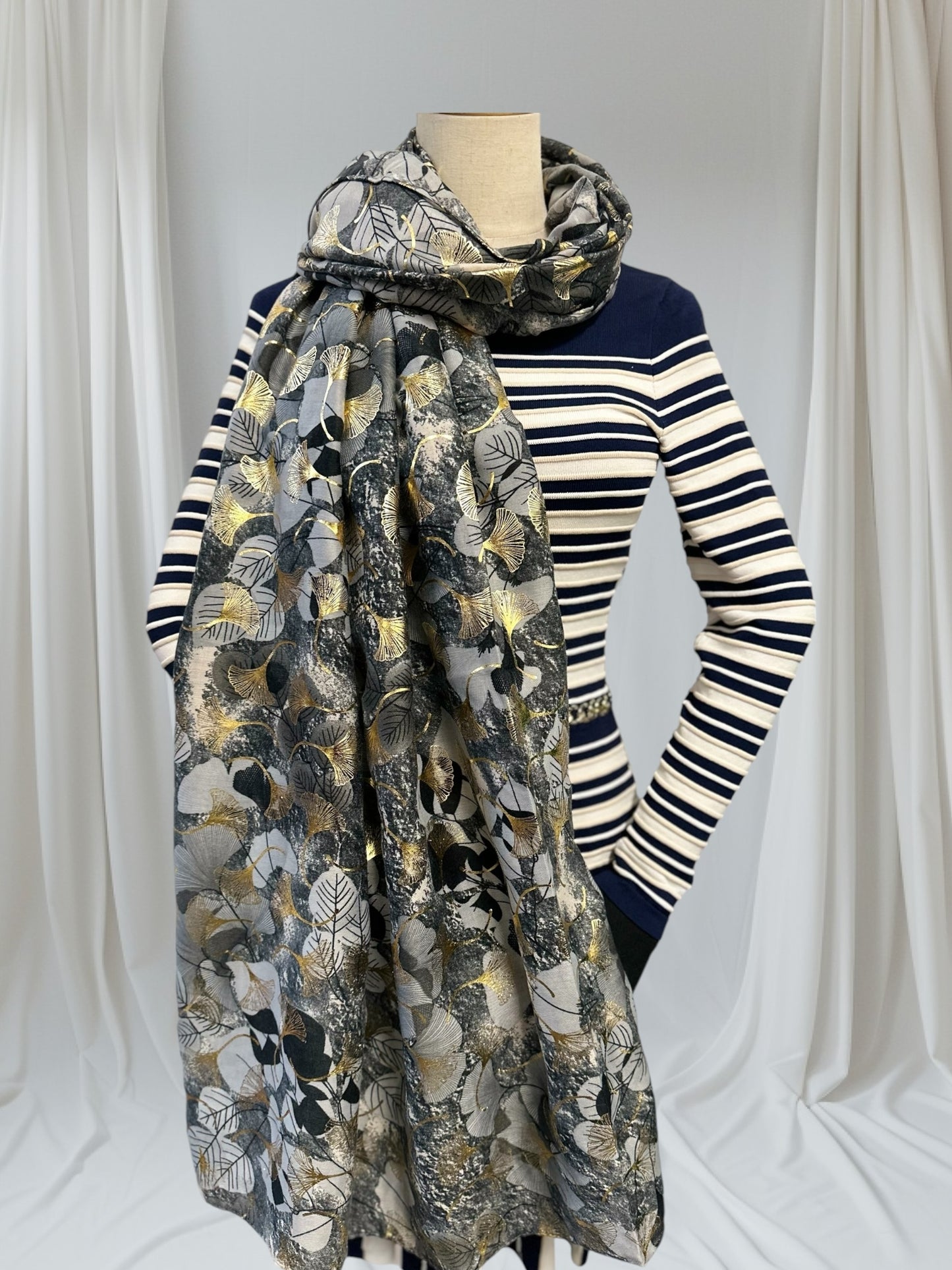 Glitter Foil Ginkgo Print Scarf