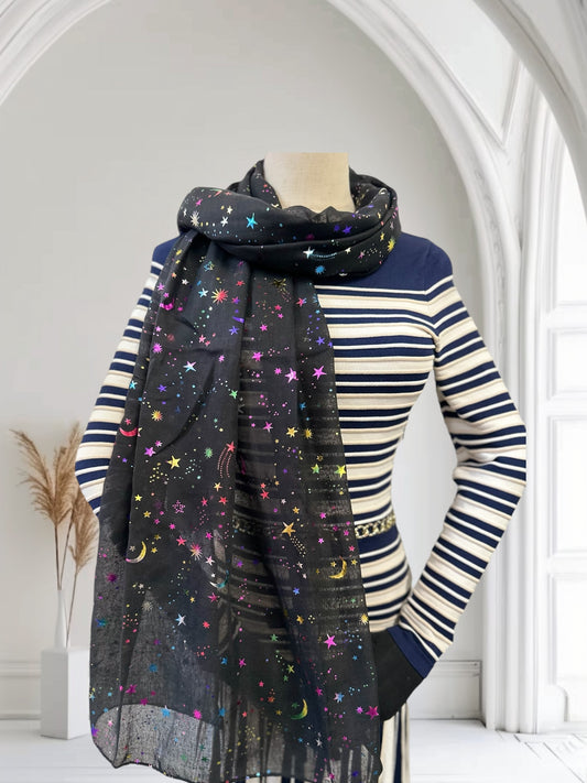 Glitter Rainbow Moon Star Print Scarf
