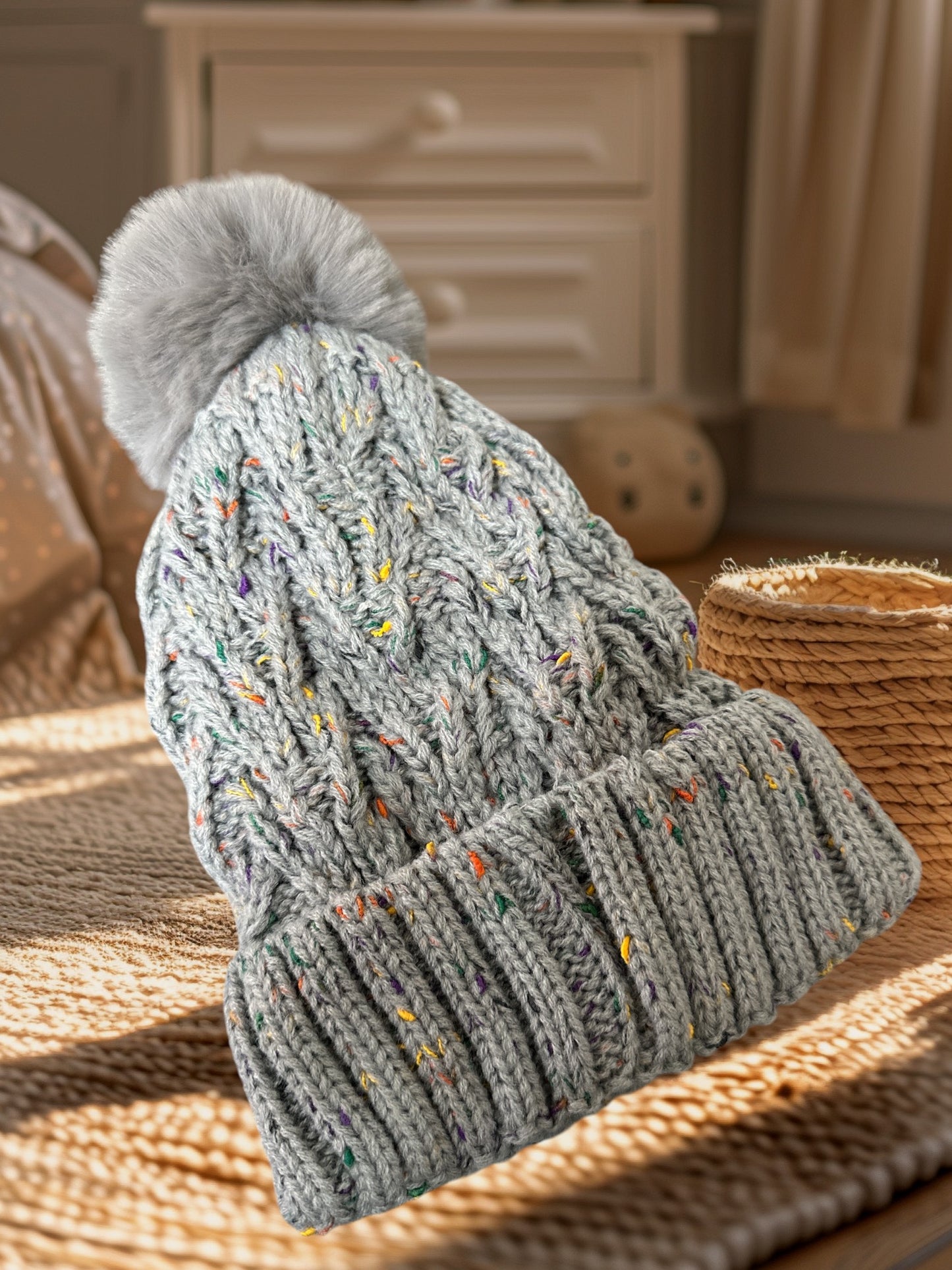 Hats for Women Double Layer Fleece Line Beanie with Bobble Pom Pom