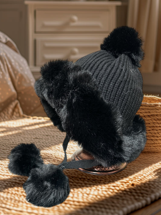 Winter Hats for Women Double Layer Fleece Line Beanie Hat with Bobble Pom Pom
