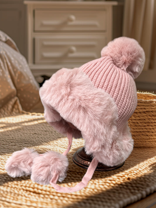 Winter Hats for Women Double Layer Fleece Line Beanie Hat with Bobble Pom Pom