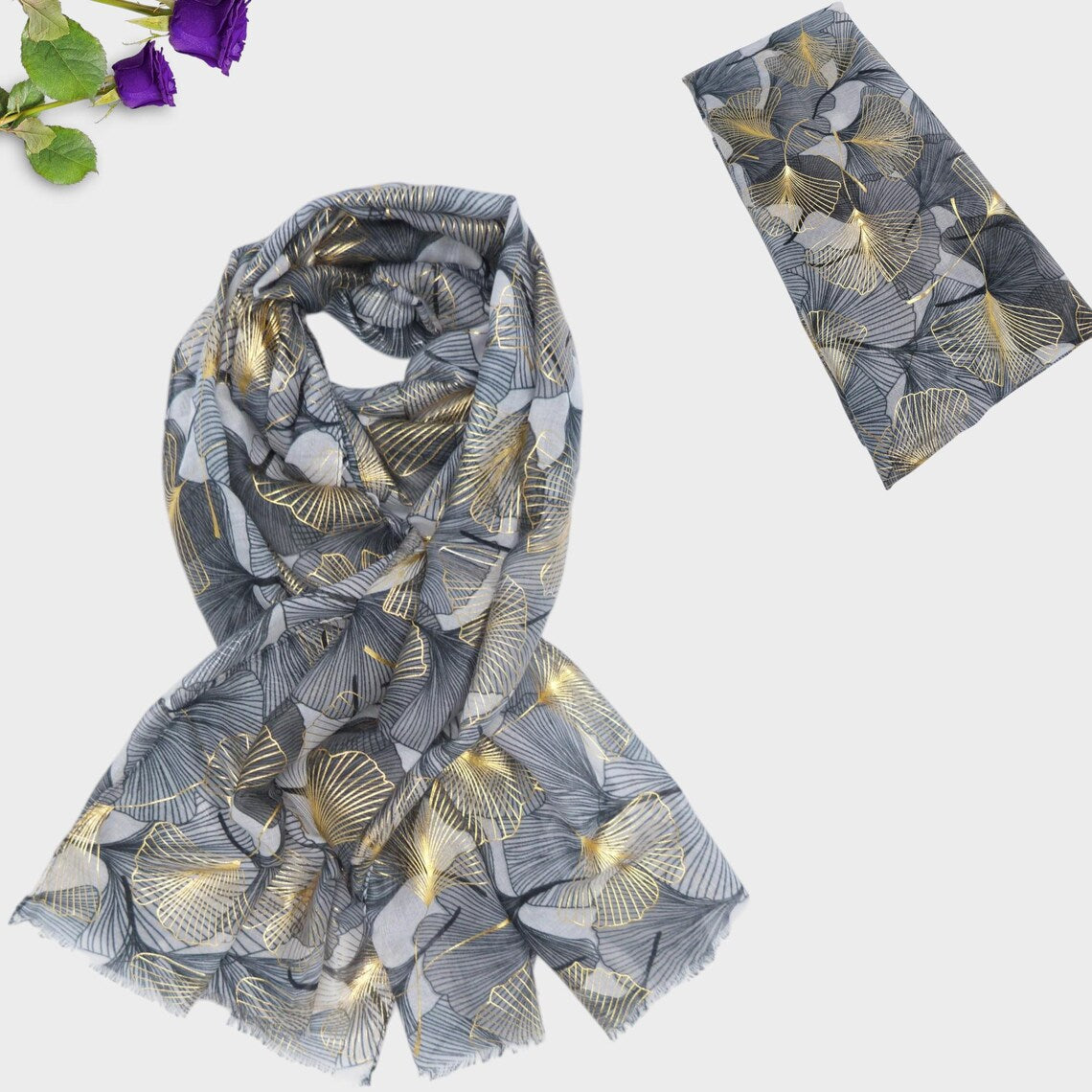 Glitter Ginkgo Print Lightweight Scarf