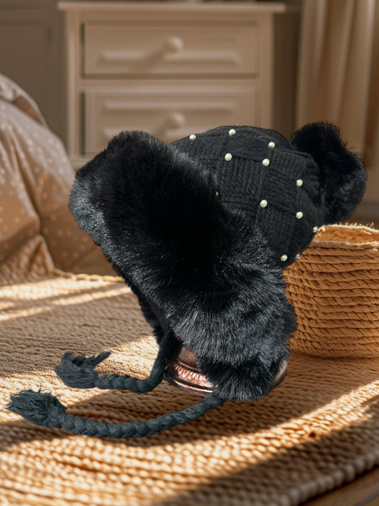Winter Hats for Women Double Layer Fleece Line Beanie Hat with Pearl Beads & Bobble Pom Pom