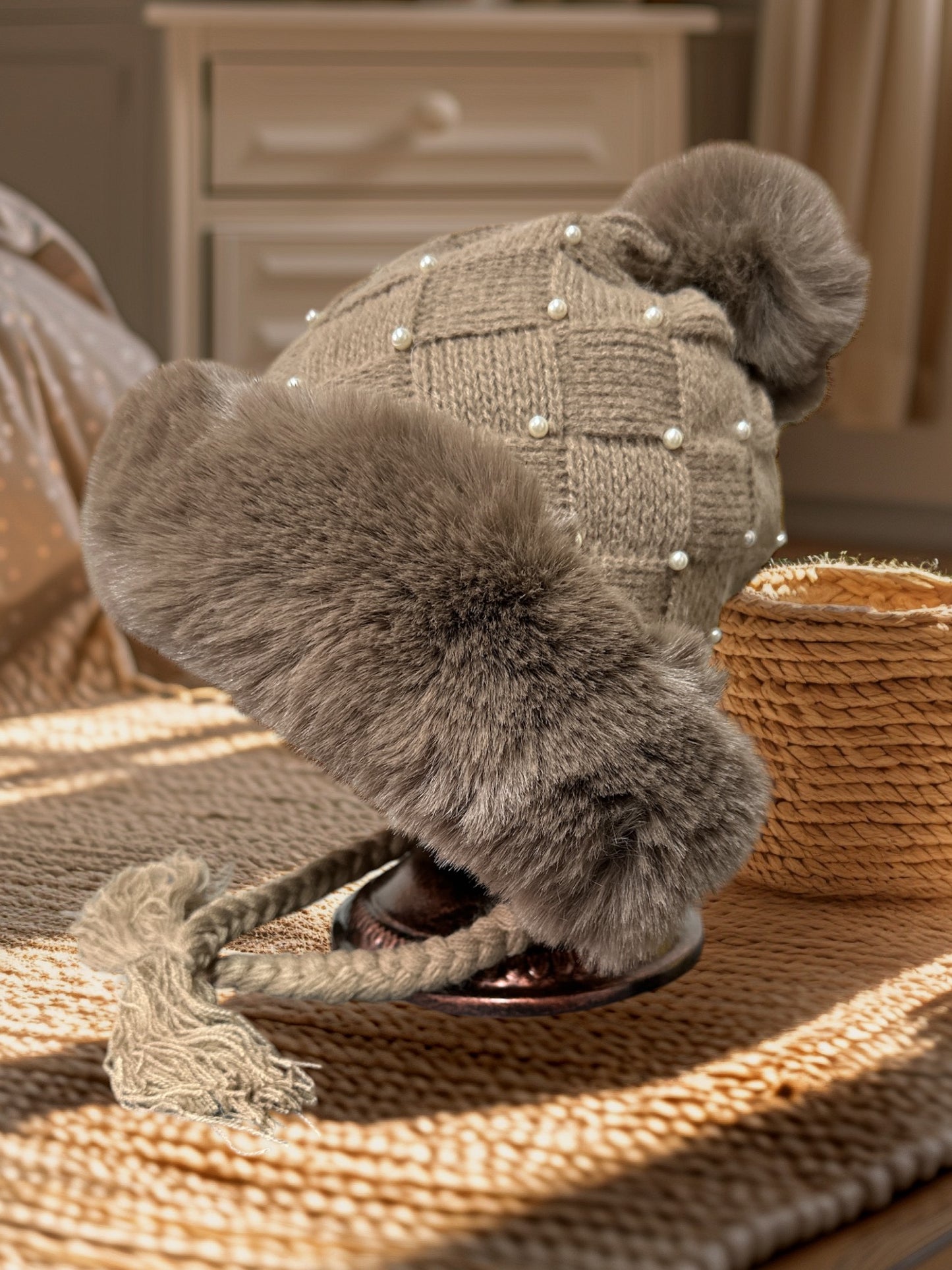 Winter Hats for Women Double Layer Fleece Line Beanie Hat with Pearl Beads & Bobble Pom Pom