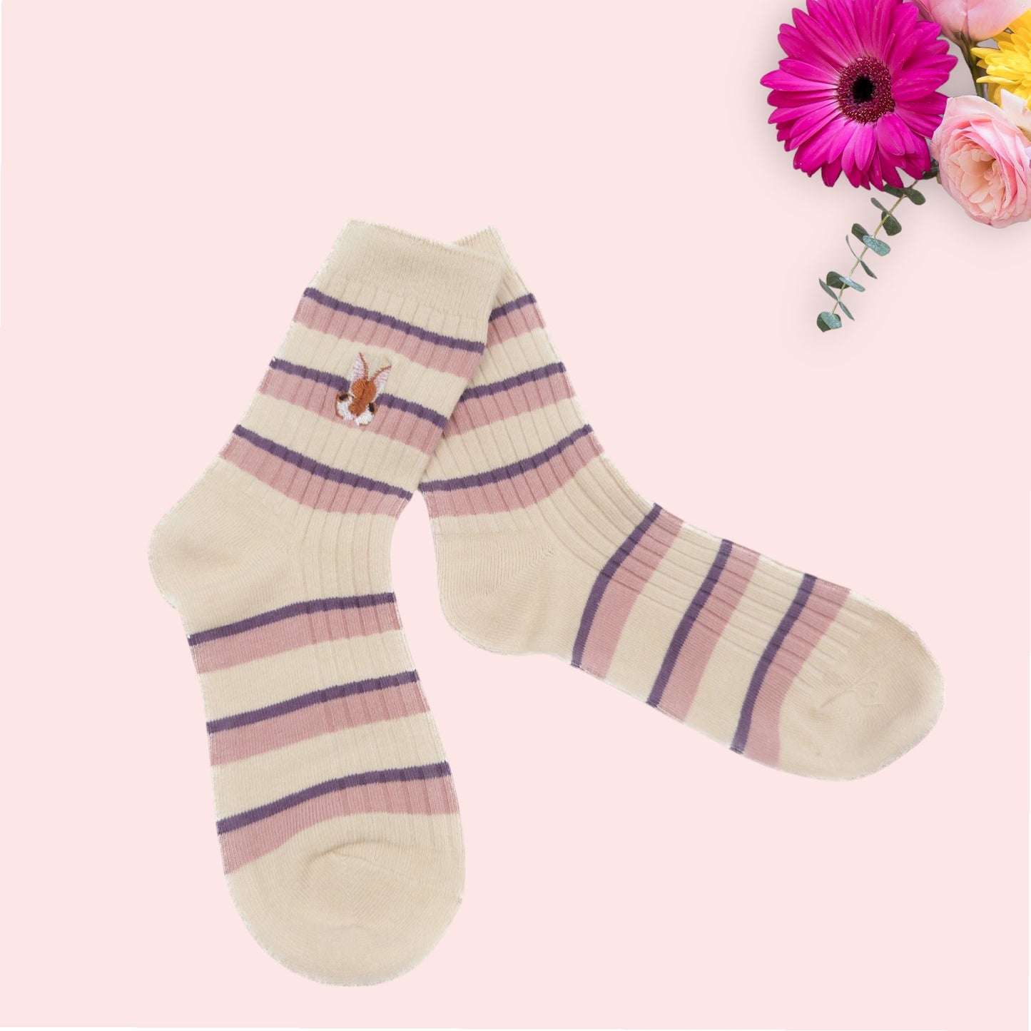 Embroidered Bunny Face Stripped Seamless Socks