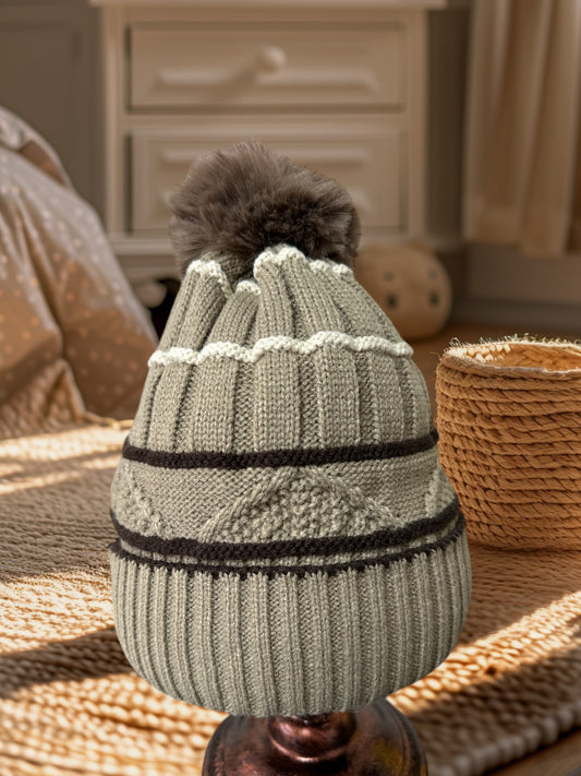 Unisex Double Layer Fleece Line Beanie with Bobble Pom Pom