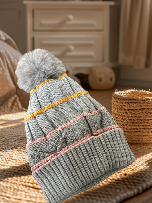 Unisex Double Layer Fleece Line Beanie with Bobble Pom Pom